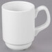 A close-up of a Libbey white porcelain mug with a handle.