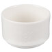 A white porcelain bouillon bowl with a small handle and a swirl design.