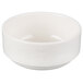 A white porcelain bouillon bowl with a curved design and a small handle.
