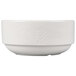 A close-up of a white Reserve by Libbey Royal Rideau porcelain bouillon bowl with curved lines.