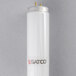A white cylindrical Satco T12 fluorescent light bulb with a black logo.
