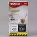 A white box with black text containing a Satco 40 watt frosted incandescent rough service light bulb.