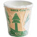 A Lavex paper hot cup individually wrapped in a compostable Kraft paper bag with a green and white design.