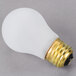 A Satco frosted rough service incandescent light bulb with a black cap and gold base.