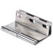 A stainless steel metal hinge with two holes for a Choice Front Loading Food Pan Carrier.