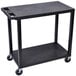 A Luxor black plastic utility cart with flat shelves and wheels.
