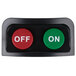 A black rectangular button with red and green buttons, white text that says "on" and "off" on the red button.
