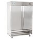 An Avantco stainless steel reach-in freezer with two solid doors.