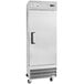 A large silver Avantco reach-in refrigerator with a white door and black handle.