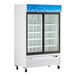 An Avantco white sliding glass door merchandiser refrigerator.