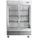 An Avantco stainless steel reach-in refrigerator with glass doors on a white background.