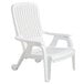 A white Grosfillex resin chair with armrests.