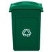 A green Rubbermaid recycling container with a green lid and a green recycle symbol.