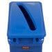 A blue Rubbermaid Slim Jim recycling container with a blue slotted lid.