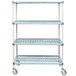 A white MetroMax shelf cart with blue polyurethane wheels.