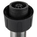 A black plastic knob with a round center on a metal and silver blending shaft.