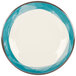 A white melamine plate with a wide rim and a blue edge.