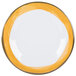 A white melamine plate with a wide rim and a yellow border.