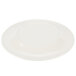 A white round melamine plate with a wide ivory rim with a yellow circle on the edge.