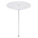 A white round table with a stainless steel pole and a Clipper Mill onion ring tower on top.
