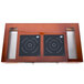 A wooden countertop with a Tablecraft copper brushed aluminum double countertop induction station with two burners.