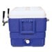 A blue and white Micro Matic insulated jockey box with two faucets.