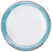 A close up of a white Kanello melamine plate with a wide rim and a blue edge.
