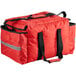 A red ServIt insulated delivery bag with black straps.
