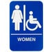 A blue sign with white text and a woman in a wheelchair.