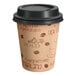 A brown paper Choice Cafe Print Poly Paper hot cup with a black lid with coffee writing.