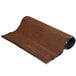 A chocolate brown carpet roll with black trim on the edges.