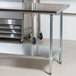 A stainless steel table with a galvanized undershelf.