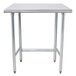 A stainless steel Advance Tabco work table with metal legs and a square top.