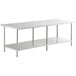 A white rectangular table with a Regency stainless steel work table with undershelf.