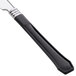 A close-up of a WNA Comet Reflections Duet stainless steel look plastic knife with a black handle.