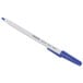 A Universal blue and white oil-based ballpoint pen with a blue tip.