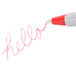 A Universal red oil-based ballpoint pen with the word "hello" written in medium point.