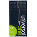 A box of 12 Universal black medium point gel pens with one pen on the box.