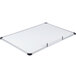 A Universal white magnetic steel dry erase board with black plastic corners.