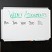 A Universal white magnetic steel dry erase board with writing on it.