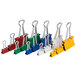A box of Universal assorted color binder clips in red, green, and silver.