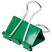 A green, small Universal binder clip with silver metal handles.