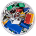 A bowl of assorted colored Universal binder clips.