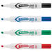 A package of four Avery Marks-A-Lot chisel tip dry erase markers in different colors on a table.