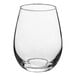 A clear 12 oz. stemless wine glass with a rounded shape.