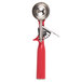 A red and silver Vollrath Jacob's Pride thumb press ice cream scoop.