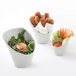 A group of three TuxTrendz bright white high back bowls filled with shrimp and salad.