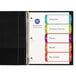 A black binder with colorful labels on Avery Ready Index dividers in different colors.