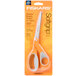 A package of Fiskars 8" office scissors with orange and gray Softgrip handles.