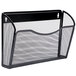 A black wire mesh wall file holder with three pockets.